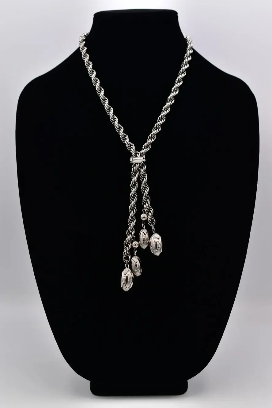 Vintage Chunky Statement Lariat Necklace Collar Charm Dangle Silver 1960s BinBE
